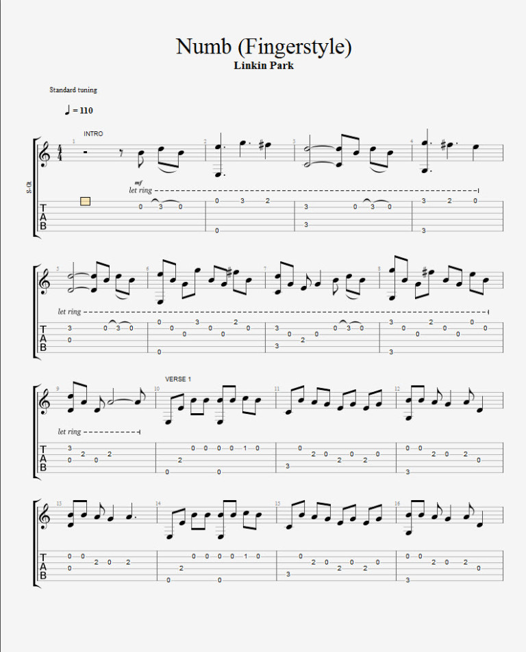 Numb Fingerstyle TAB Linkin Park Drue