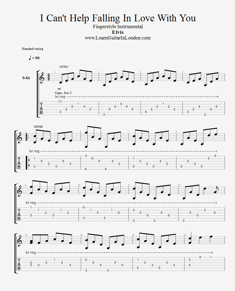 I Can't Help Falling In Love With You fingerstyle instrumental TAB from LearnGuitarInLondon.com